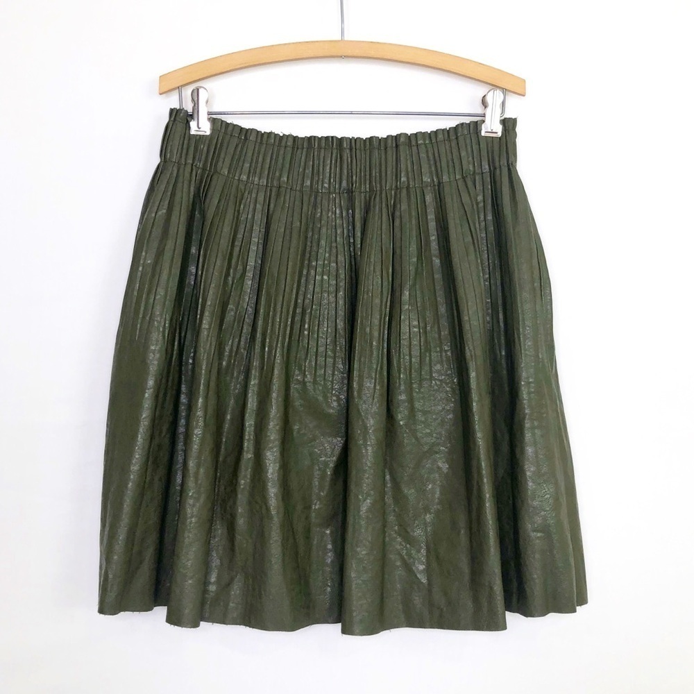 Anthropologie olive green faux, leather pleated skirt - Picture 2 of 11